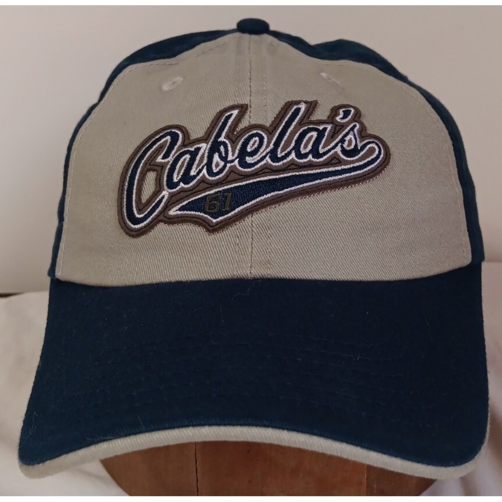 Cabela's Basebal Hat Cap Strap‎ Hook Loop Navy Blue Grey Embroidered Logo